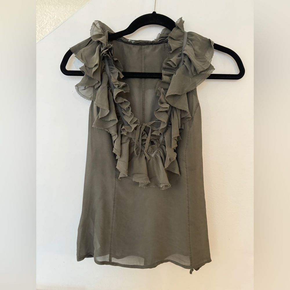 Olive Green Ruffled Sleeveless Blouse - Size Small